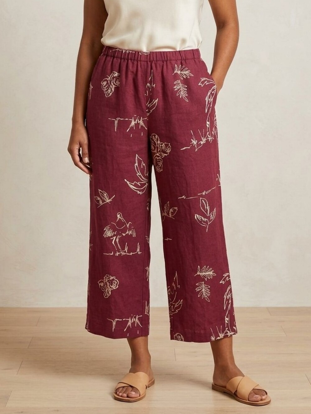 Valerie Stevens Linen Pants 100% Linen Burgundy/Cream Patterned Size Large